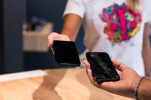 Austausch eines kaputten Smartphones gegen ein neues Handy im Telekom-Shop am Tresen.