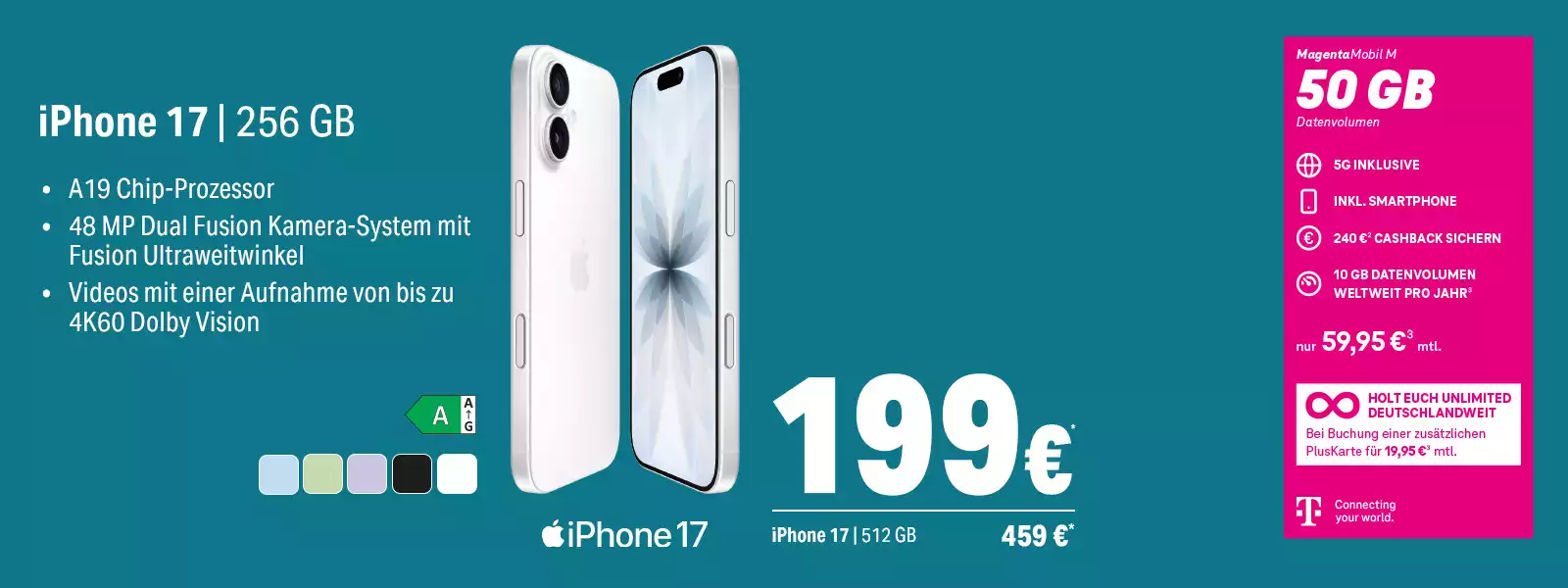 Das Bild zeigt ein Telekom-Angebot für das iPhone 17 mit 256 GB, 5G-Tarif und 50 GB Datenvolumen.