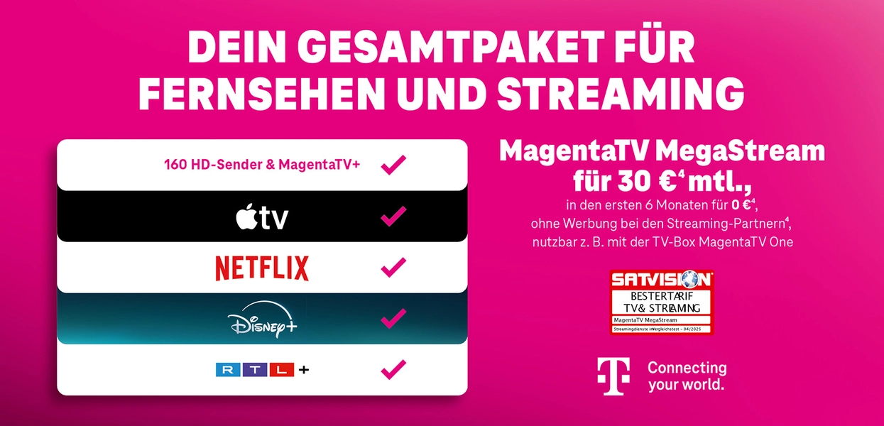 Werbung für MagentaTV MegaStream mit Apple TV, Netflix, Disney+, RTL+ und 160 HD-Sendern.