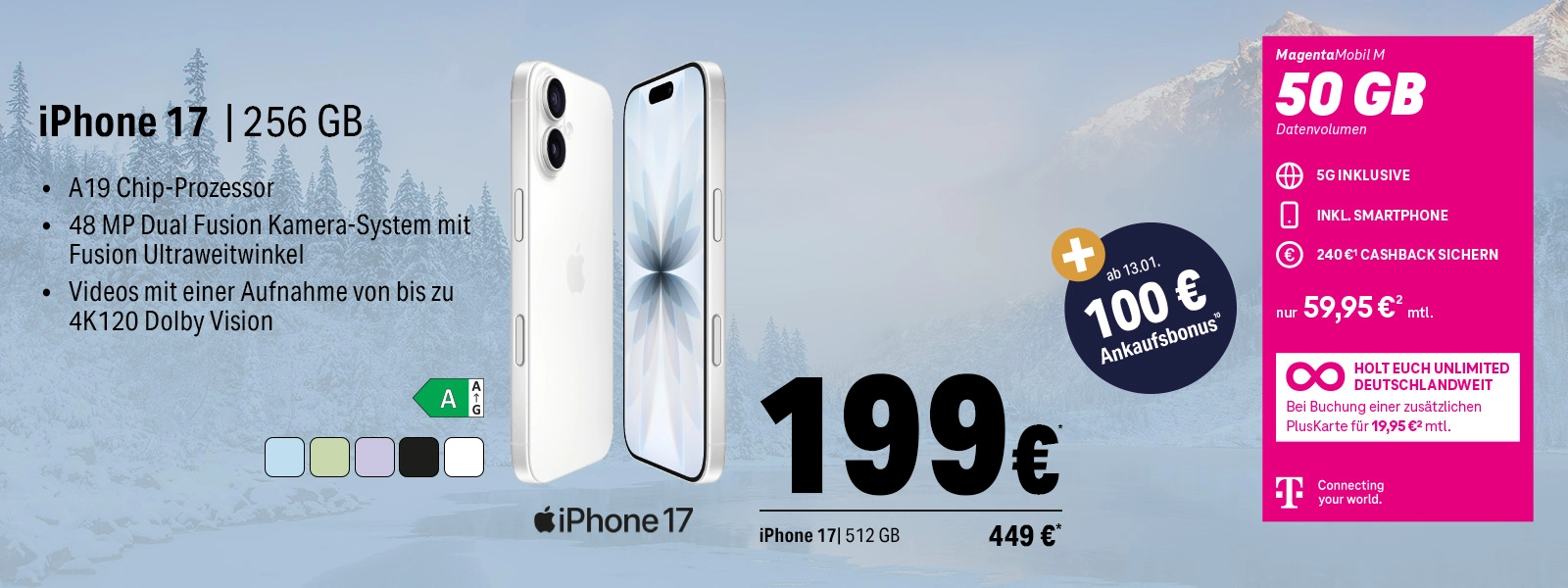 Werbung für iPhone 17 mit 256 GB, Dual Fusion Kamera, 5G Tarif und 50 GB Datenvolumen.
