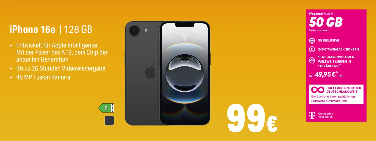 Werbebanner: iPhone 16e 128 GB mit MagentaMobil M 50 GB 5G Tarif