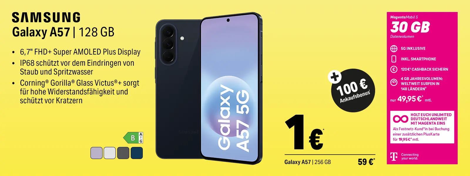 Samsung Galaxy A57 5G Angebot mit 128 GB und MagentaMobil S 30 GB Tarif