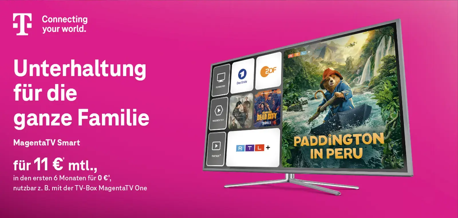 Telekom MagentaTV Smart Werbung: TV mit Streaming-Apps und Paddington Filmcover