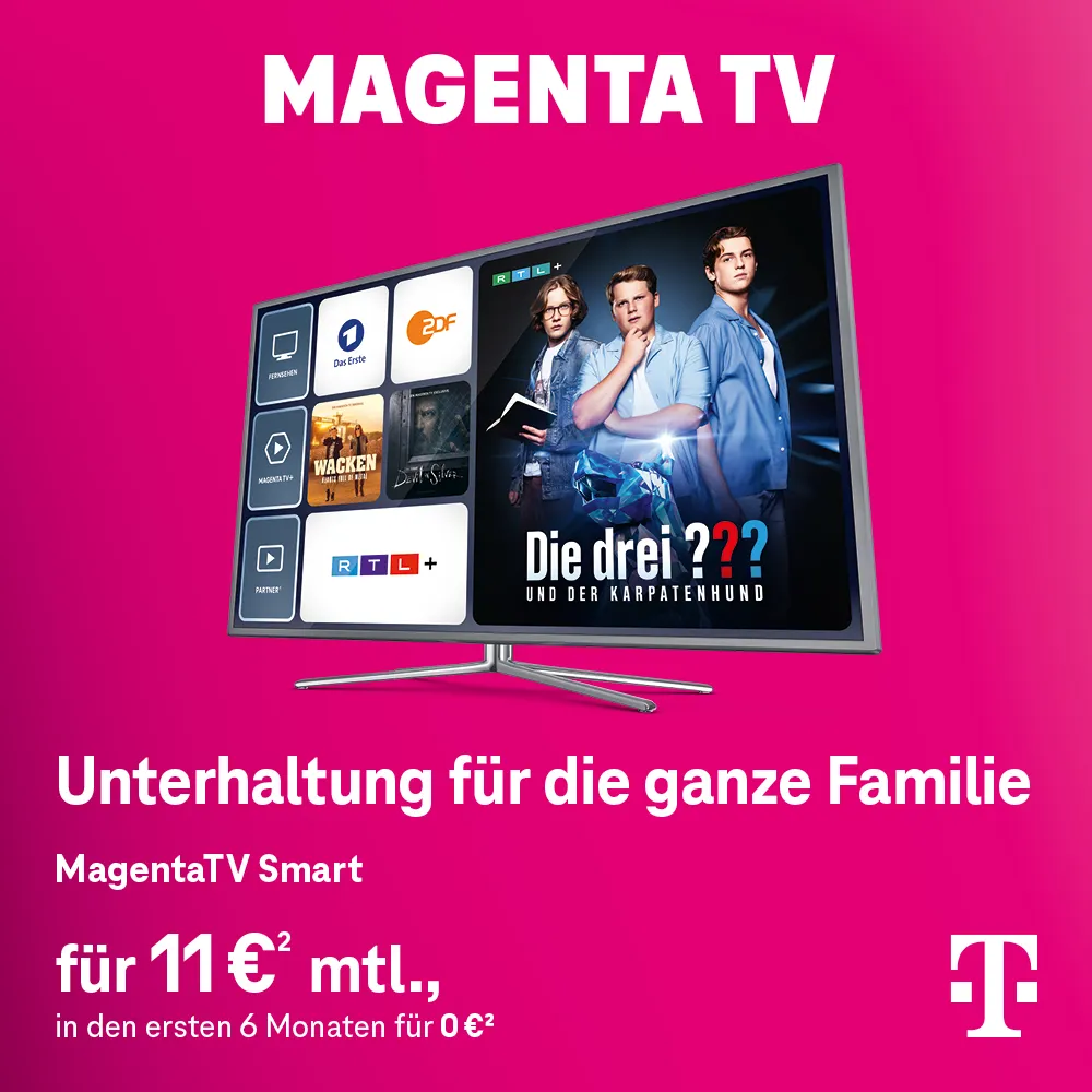 MagentaTV Smart: Fernseher mit Streaming-Menü und Seriencover, Telekom Logo